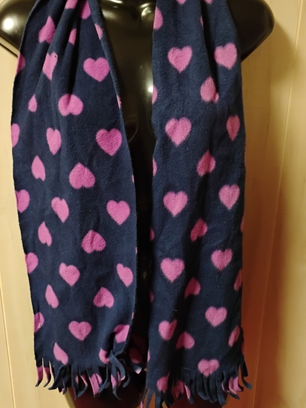 Navy Blue Fleece Scarf with Pink Hearts